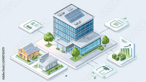 Modern eco-friendly office building with solar panels and surrounding greenery for business use