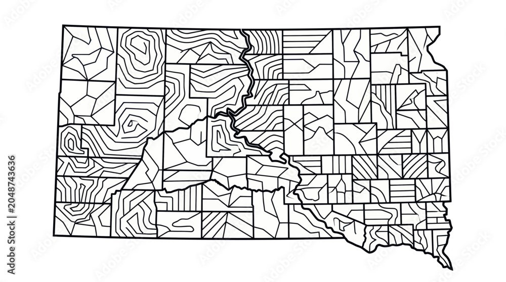 Naklejka premium South Dakota Map Outline with Contour Lines and Topographic Patterns