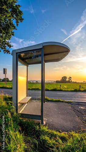 Modern outdoor bus stop shelter at dusk.
