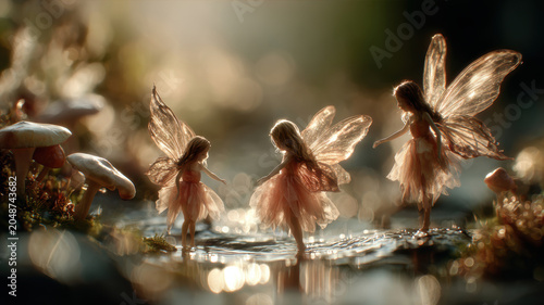 Fantasy wallpaper. A vivid portrayal of three fairylike figures in a serene forest setting. The central figure is a young girl with long, flowing hair, wearing a delicate pink dress. She has large.