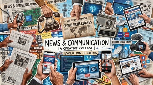   
Colorful collage of communication evolution, from newspapers and radios to smartphones and laptops, symbolizing news, technology, and transformation of global media across time.
