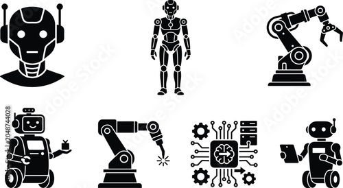 Black Silhouette AI Robot Humanoid Robotic Arm Industrial Machine Circuit Brain Technology Icon Collection Vector Illustration Set