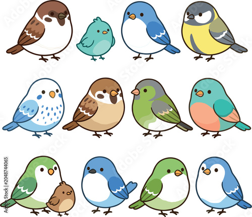 Photos Cute Kawaii Chubby Bird Collection Set with Colorful Pastel Sparrow Finch and So