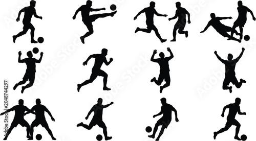 Foto Black Silhouette Soccer Football Player Kicking Tackling Celebrating Sprinting D