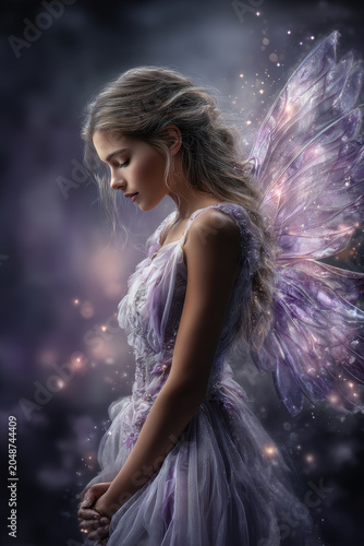 Fantasy wallpaper. A detailed digital artwork depicts a serene fairy in a contemplative pose. The fairy has long, flowing silver hair and is adorned with shimmering, iridescent wings that emit a soft.