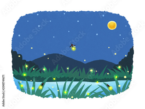 Bild auf Leinwand 満月の夜にホタルが飛び交う田舎の風景　手描き水彩風イラスト