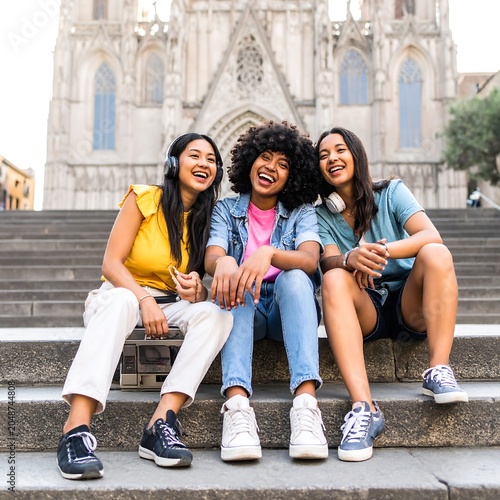 Three young women sitting on steps outdoors.