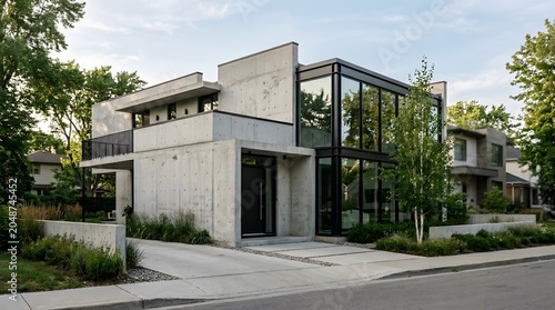 Modern Concrete House with Large Glass Windows and Lush Landscaping