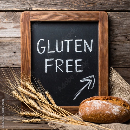 Wooden sign gluten free bread basket on rustic table.