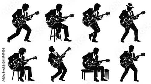 Set silhouette collection of guitar player poses. Black isolated musician figures. Ideal for music, entertainment, concerts, festivals, performance and artistic concepts