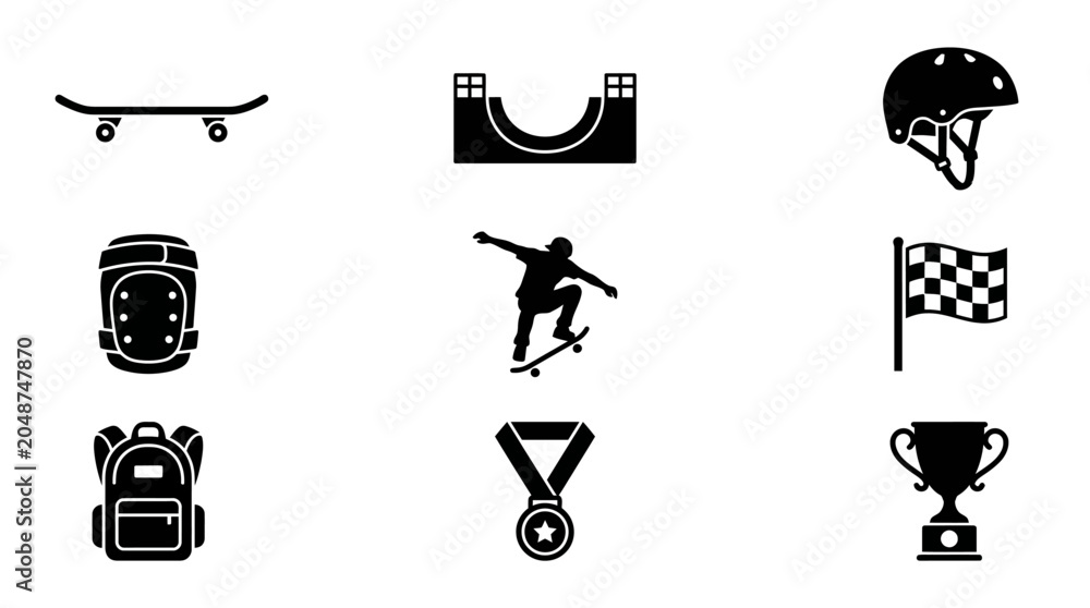 Fototapeta premium Simple flat silhouette vector icons of skateboarding culture, skateboard, half pipe ramp, skateboard helmet, knee pad, jumping skater, finish flag, sports backpack, winner medal, and trophy cup