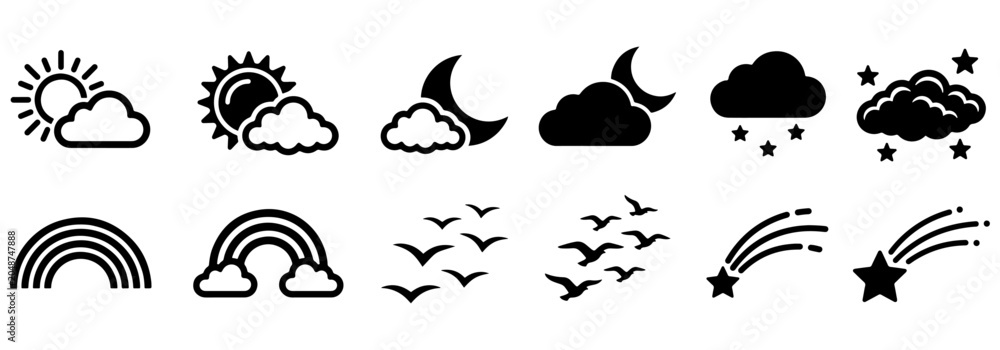 Fototapeta premium Weather Icon Vector, various conditions including sun, clouds, moon, rainbows, birds, and shooting stars