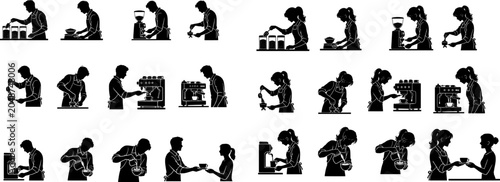 Foto A collection of twenty-four black silhouette icons depicting people engaging in various workplace activities and actions