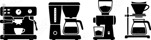 Bild auf Leinwand Four different coffee maker machines in black and white vector illustration, coffee makers and brewers