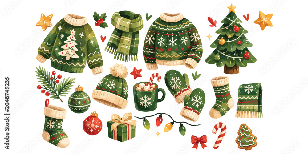 Fototapeta premium Watercolor cozy green christmas sweater and winter elements set