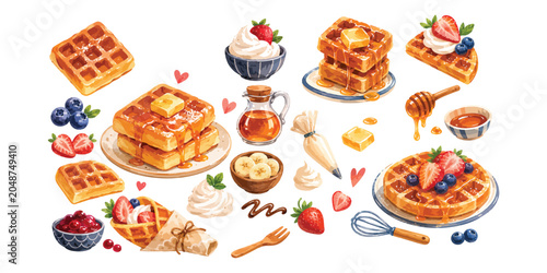 Obraz na plátně Watercolor delicious sweet waffles and breakfast toppings set