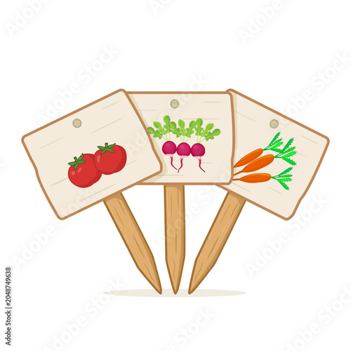 Wooden garden markers with vegetables icons on white background.Eco plant tags with tomatoes, radishes,carrots symbol.Organic allotment signs collection set.Garden signs for plants.Vector illustration