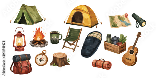 Schilderij op canvas Watercolor outdoor camping tent and campfire elements set