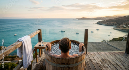 Man relaxing in an outdoor ice bath with ocean view
