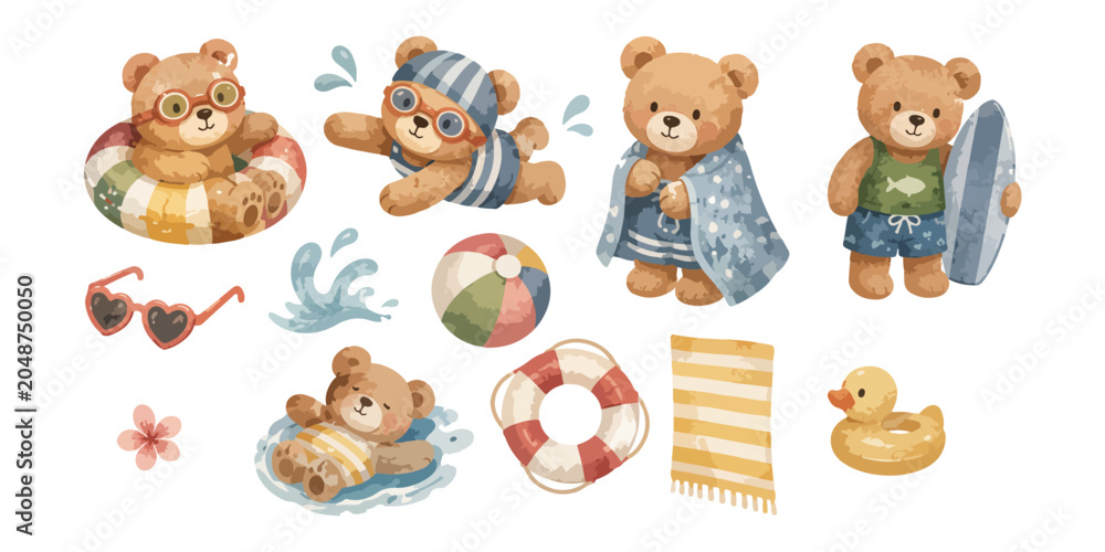 Obraz premium Watercolor cute teddy bear beach swimming summer elements