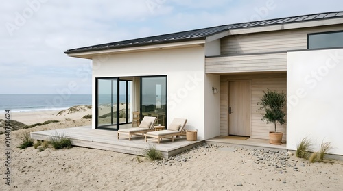 Modern Beach House with Lounge Chairs and Ocean View