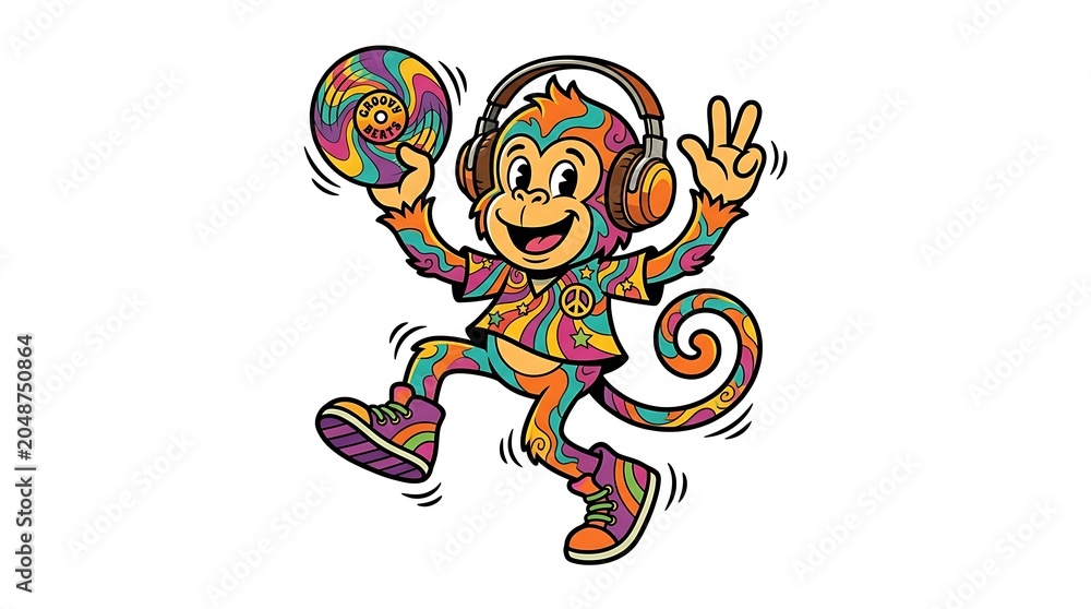 Fototapeta premium Psychedelic retro monkey mascot character with audio headphones