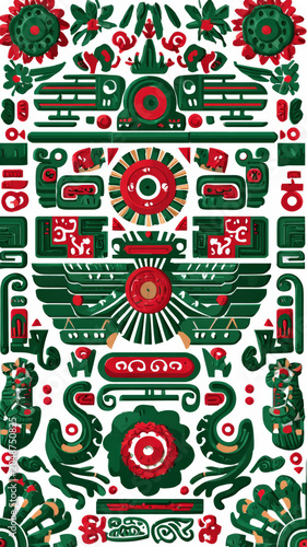 Maya Aztec civilization, Mexico culture. Mysterious, fantasy. A vibrant and intricate representation of a traditional Mayan or Aztec design. The central subject is a large.