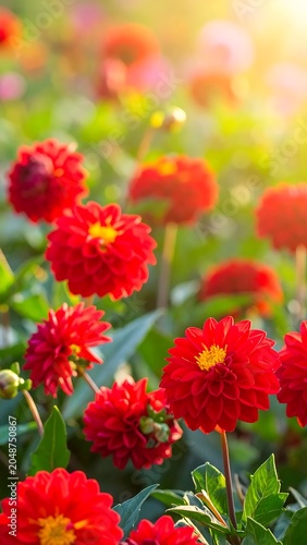 Close up vibrant red flowers in garden.