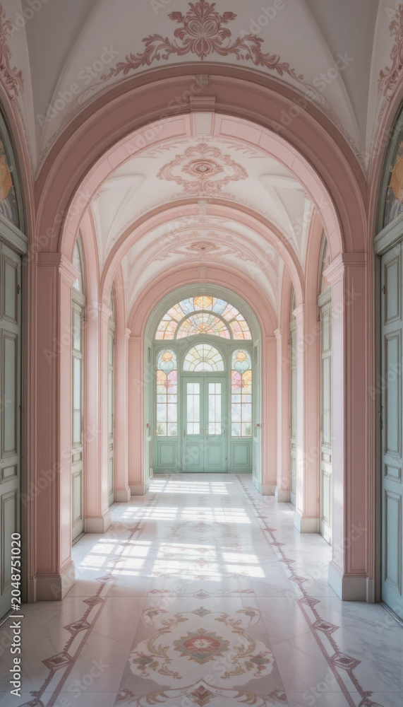 Obraz premium Beautifully designed hallway features elegant arches, pastel pink walls, and intricate floral patterns. sunlight filters through stained glass, creating serene atmosphere