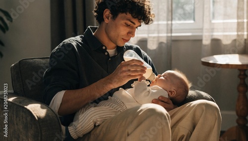 Modern young father gently feeding his newborn baby with a bottle while sitting in a cozy armchair bathed in soft window light, capturing a tender moment of paternal love and domestic life.