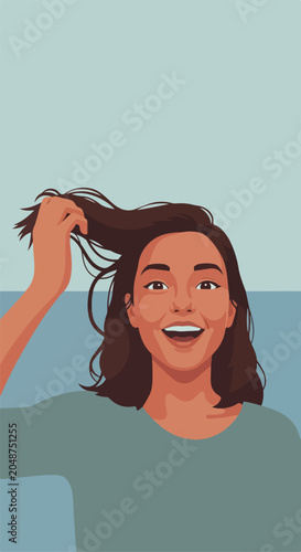 Smiling woman plays with her hair