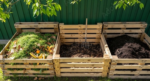 Three Wooden Compost Bins Filled with Organic Materials in Yard