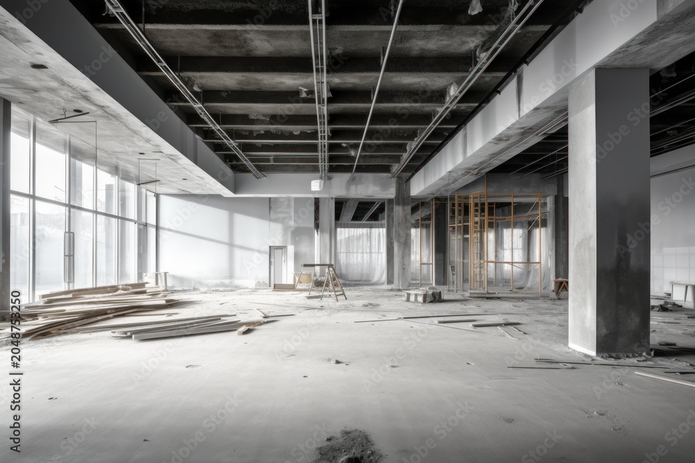 Fototapeta premium Large industrial interior with concrete structure and scaffolding during development
