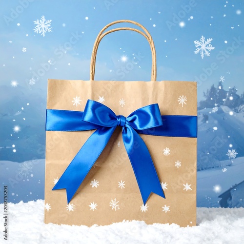 Blue gift box with ribbon on snowy background.