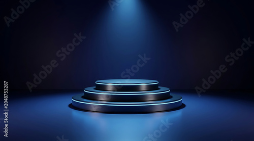 A spotlight shines down on a stack of three metallic blue circular stages in a dark room.
