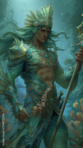 Greek mythology sea god Poseidon. Fantasy. A vivid portrayal of a mermaid, set against a serene underwater backdrop. The mermaid is depicted in a dynamic pose, holding a staff with a unique.