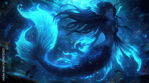 Fantasy, mysterious, wallpaper. A vivid digital artwork depicts a mermaid swimming underwater. The mermaid, with long, flowing hair, is depicted in a side profile.