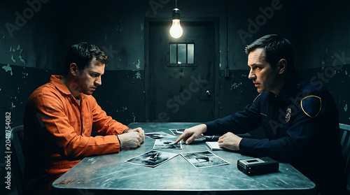 Police detective questioning a prisoner in a dark interrogation room Detective Mystery Document, Dark Cinematic
