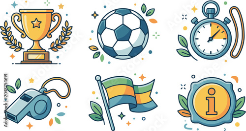 Sports icons trophy soccer ball stopwatch whistle flag info sign