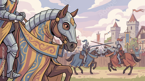 Medieval knight on horseback charges into battle near castle