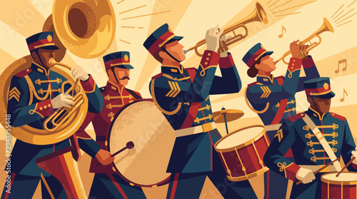Military band performs lively concert outdoors with brass instruments and drums