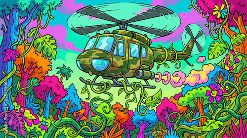 A military helicopter submerged underwater near vibrant coral reefs and seaweed