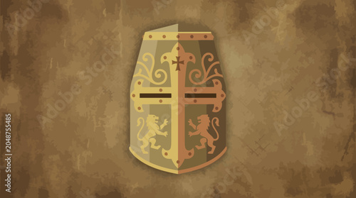 A heraldic shield features a cross and lions on a decorative background with gold accents.