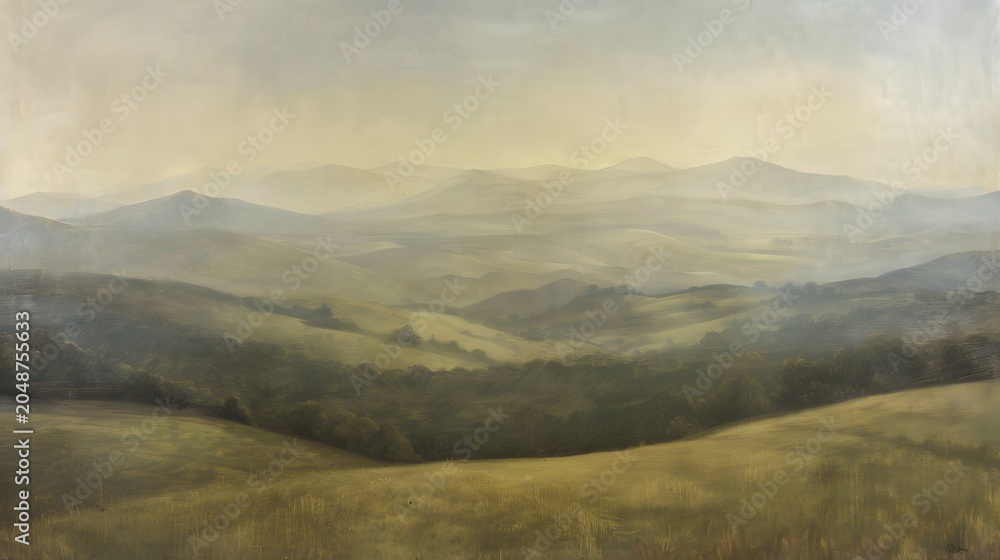 Obraz premium Rolling hills stretch across a serene landscape under a soft hazy sky.