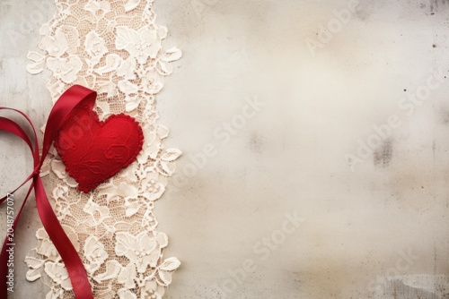 Red fabric heart resting on delicate lace with a flowing red ribbon