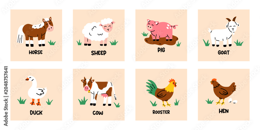 Fototapeta premium Vector set of cute farm animal square cards with horse, sheep, pig, goat, duck, cow, rooster and hen on peach background. Kids animal collection for children alphabet, flashcards and nursery decor.