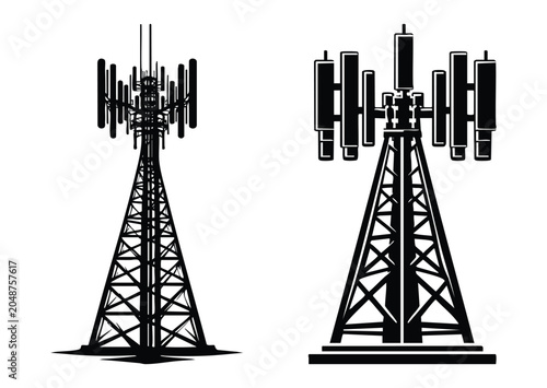 A black and white illustration of two distinct communication towers with various antennas for wireless signal transmission and network infrastructure