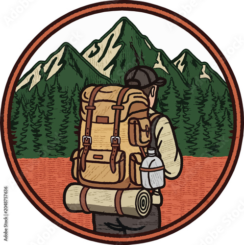 Backpacker with large backpack and sleeping roll facing green mountains, emblem style, suitable for outdoor adventure, travel blogs and wilderness exploration promotion.