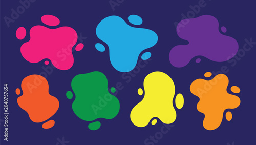 A collection of vibrant, colorful abstract organic liquid blob shapes and paint splats on a dark blue background.