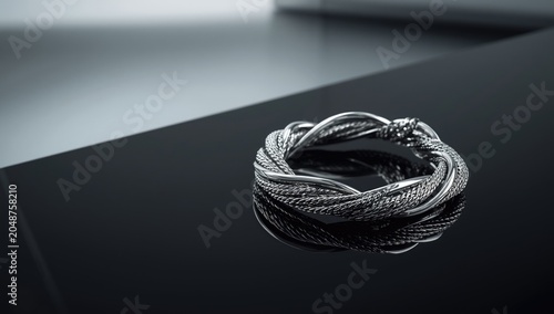 Unique twisted silver armlet with contemporary artisan work displayed on a dark reflective surface for jewelry promotion